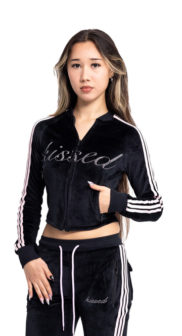 (PRE-ORDER) kiss velour track jacket- black and pink