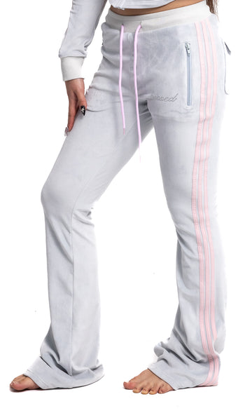 (PRE-ORDER) kiss velour track pants- icy grey and pink