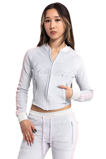 (PRE-ORDER) kiss velour track jacket- icy grey and pink