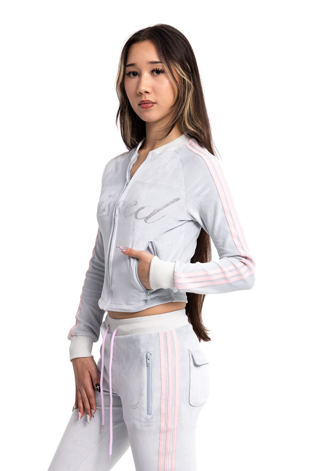 (PRE-ORDER) kiss velour track jacket- icy grey and pink